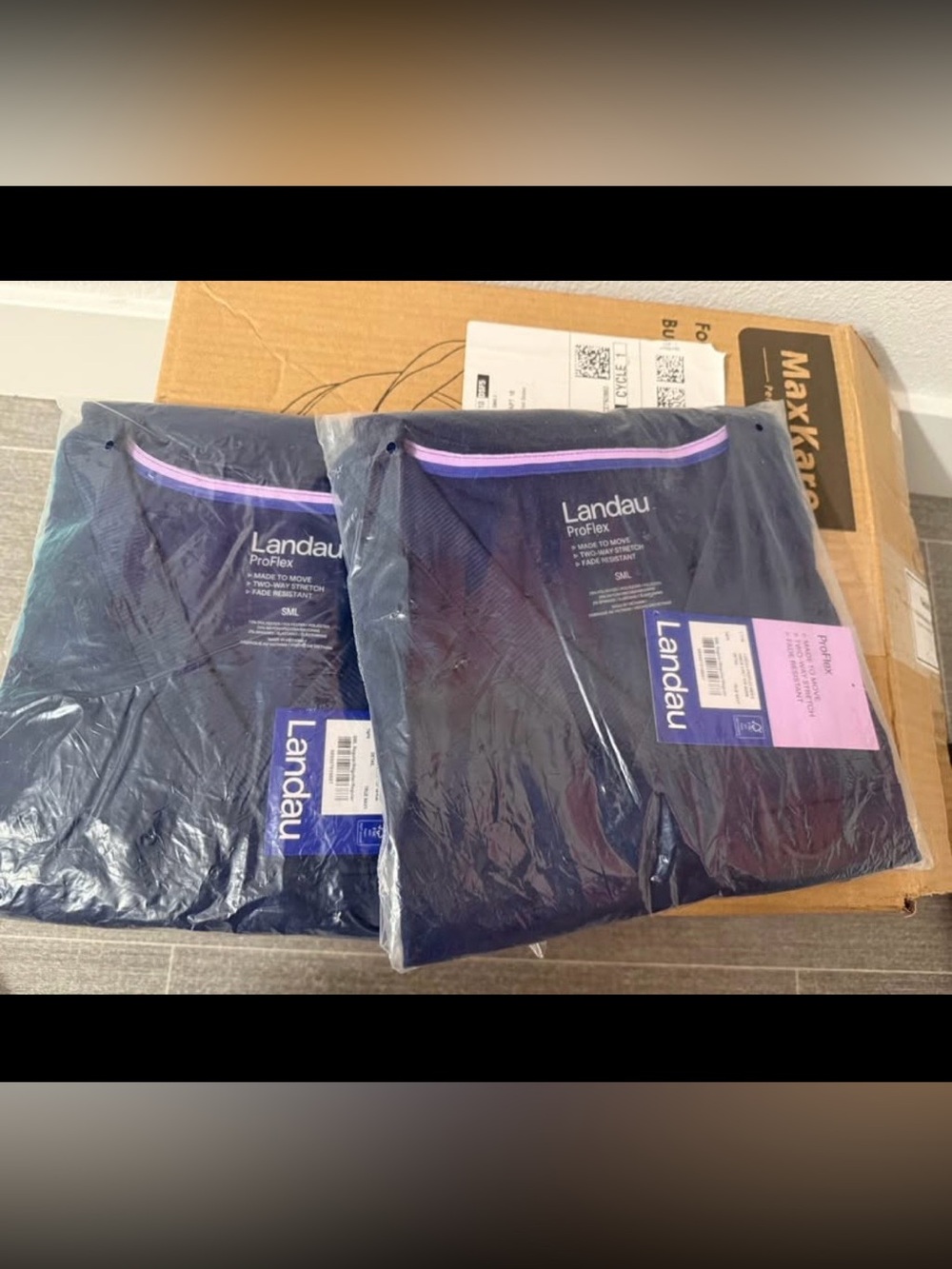 Landau ProFlex Scrub Top - Navy with Pink & Purple Trim